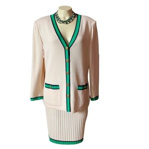 St John Collection TWO Skirts and Jacket in Cream with Green Stripe Size 10